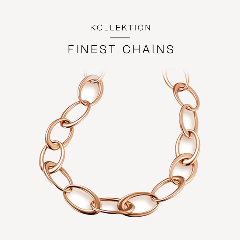Eine Halskette mit großen, ineinandergreifenden, ovalen Gliedern in poliertem Roségold-Finish wird vor einem schlichten weißen Hintergrund präsentiert. Darüber steht der Text „Kollektion Finest Chains von Juwelier Morawitz aus Düsseldorf“.