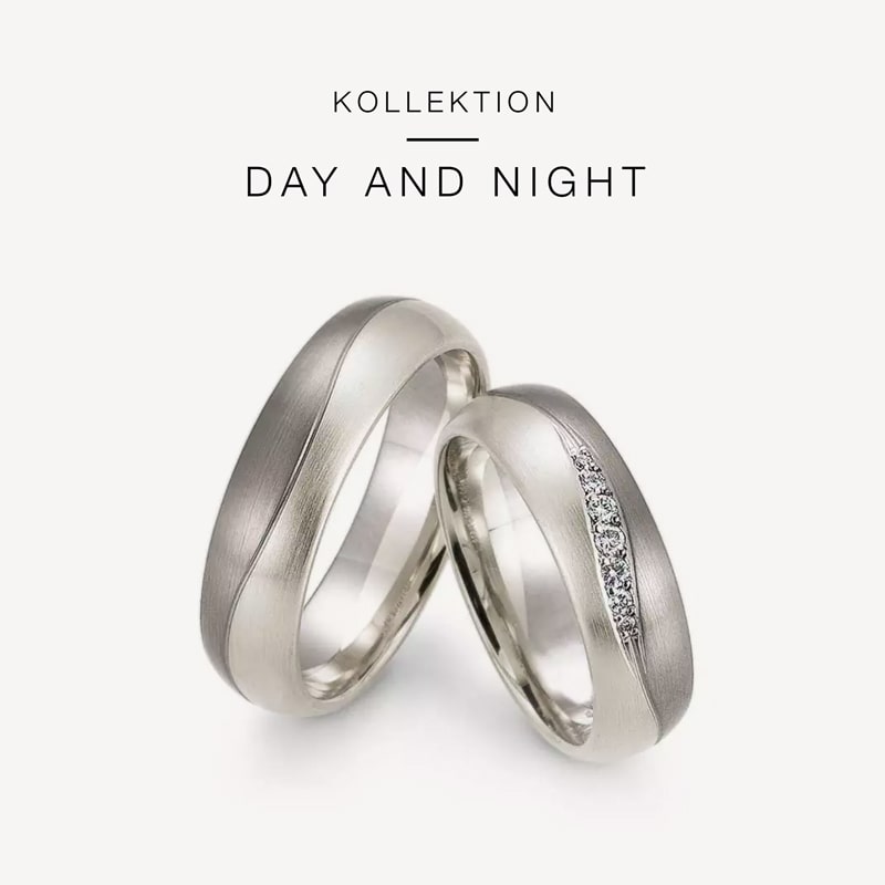 Juwelier-Morawitz-Gerstner-Kollektion-DayandNight Vor weißem Hintergrund sind zwei Silberringe aus der Gerstner „Day and Night“-Kollektion zu sehen. Ein Ring ist schlicht, der andere hat ein Band aus kleinen Diamanten. Über den Ringen steht der Text „KOLLEKTION DAY AND NIGHT“.