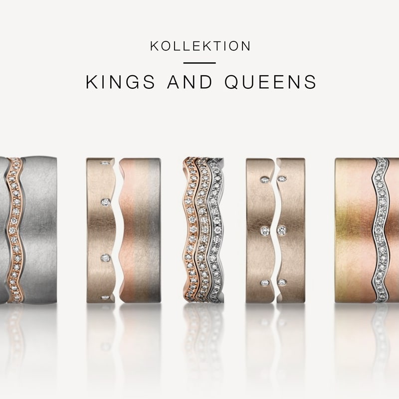 Juwelier-Morawitz-Gerstner-Kollektion-Kings-and-Queens Eine Kollektion aus fünf Luxusringen mit der Bezeichnung „Kollektion Kings and Queens“ von Juwelier Morawitz in Düsseldorf. Die Ringe haben wellenförmige Designs mit Kombinationen aus Silber- und Roségoldtönen und sind teilweise mit kleinen Diamanten verziert. Sie sind in einer Reihe vor einem weißen Hintergrund angeordnet.