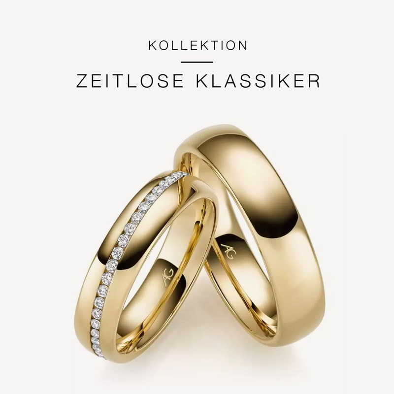 Juwelier-Morawitz-Gerstner-Kollektion-Zeitlose-Klassiker Ein Paar goldene Eheringe von Juwelier Morawitz in Düsseldorf. Ein Ring ist mit einer Reihe kleiner Diamanten verziert, während der andere aus schlichtem Gold ist. Der Text oben lautet „KOLLEKTION ZEITLOSE KLASSIKER“, was übersetzt „KOLLEKTION ZEITLOSE KLASSIKER“ bedeutet.