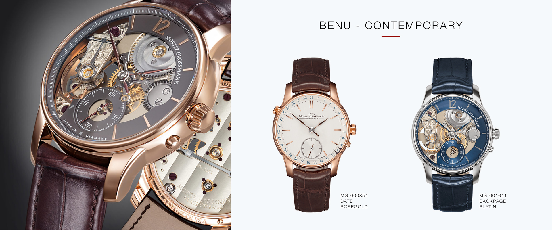 Eine Nahaufnahme einer Luxusuhr mit sichtbaren inneren Mechanismen neben zwei kleineren Bildern. Die linke Uhr hat ein Roségoldgehäuse und ein braunes Lederarmband, und die rechte Uhr hat ein Platingehäuse und ein schwarzes Lederarmband. Der Text lautet „Benu – Contemporary“ von Juwelier Morawitz, Düsseldorf.