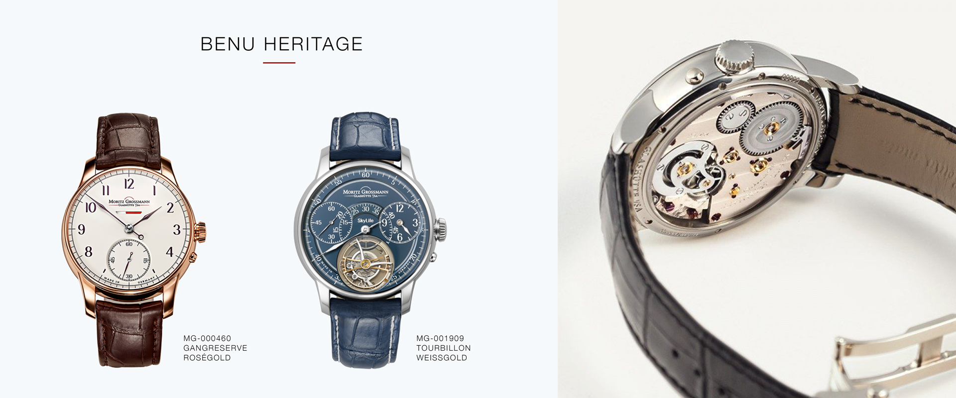 Ausgestellt sind drei Luxusarmbanduhren. Links sind zwei Uhren mit Lederarmbändern und detailreichen Zifferblättern zu sehen: eine mit weißem Zifferblatt und braunem Armband, die andere mit blauem Zifferblatt und Armband. Rechts ist eine Nahaufnahme der Rückseite einer Uhr zu sehen, die eine komplizierte Mechanik zeigt. Entdecken Sie diese bei Juwelier Morawitz in Düsseldorf.