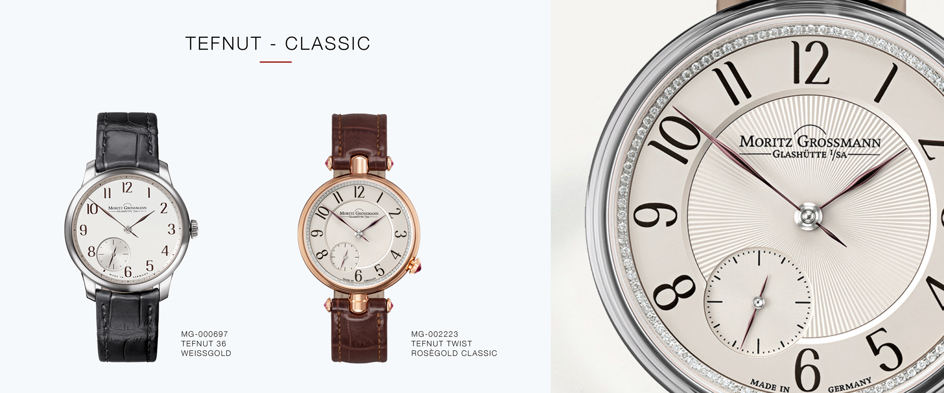 Eine detaillierte Nahaufnahme von zwei Moritz Grossmann-Uhren aus der Tefnut Classic-Kollektion, erhältlich bei Juwelier Morawitz in Düsseldorf. Eine Uhr hat ein silbernes Gehäuse mit einem schwarzen Lederarmband, während die andere ein roségoldenes Gehäuse mit einem braunen Lederarmband hat. Das Zifferblatt ist weiß mit schwarzen Ziffern.