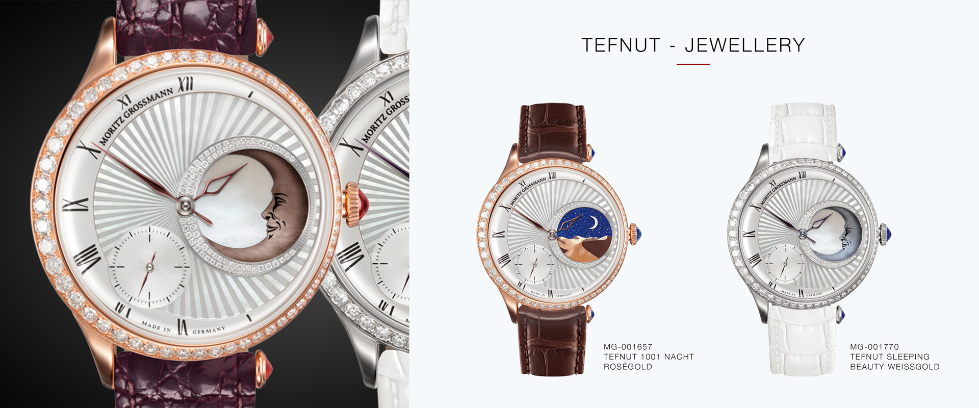 Eine detaillierte Anzeige für TEFNUT-Schmuckuhren von Juwelier Morawitz in Düsseldorf mit zwei Nahaufnahmen. Das linke Bild zeigt eine Uhr mit weißem Zifferblatt, braunem Halbmonddetail und einem braunen Alligatorarmband. Das rechte Bild zeigt zwei Uhren: eine mit einem braunen Armband und eine mit einem weißen Armband.