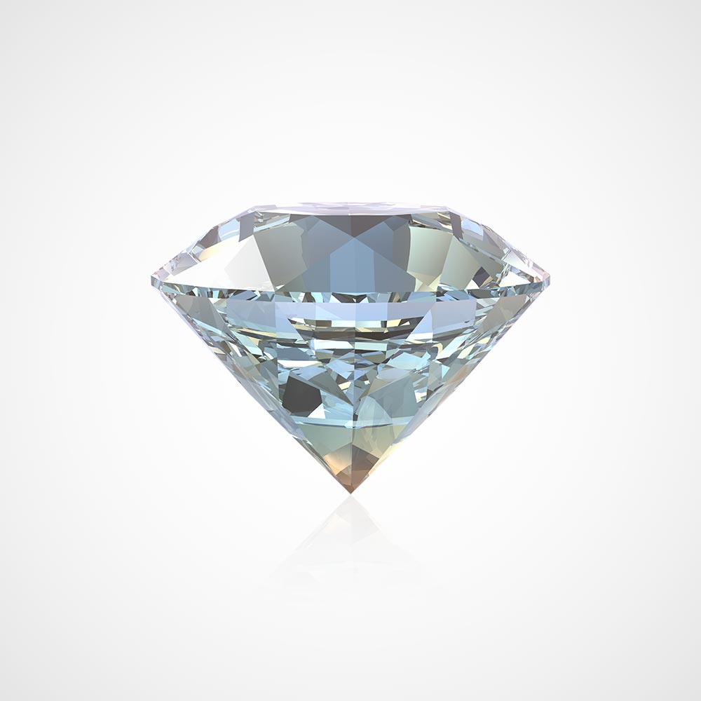 Juwelier-Morawitz-Schmucklexikon-brillant Vor einem schlichten weißen Hintergrund ist ein klarer, facettenreicher Diamant von Juwelier Morawitz aus Düsseldorf zu sehen. Der Diamant hat einen komplizierten Schliff, der das Licht reflektiert, ein Farbspektrum erzeugt und seine Brillanz zur Geltung bringt.