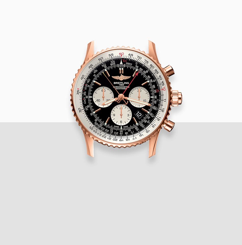 Juwelier-Morawitz-Uhrenlexikon-doppelchronograph Eine Armbanduhr mit einem Gehäuse aus Roségold und einem schwarzen Zifferblatt mit drei Hilfszifferblättern und einer Datumsanzeige. Die Lünette hat eine Münzrandstruktur und die Uhr hat zwei Drücker und eine Krone auf der rechten Seite. Erhältlich bei Juwelier Morawitz in Düsseldorf, ist die Marke „Breitling“ auf dem Zifferblatt deutlich sichtbar.