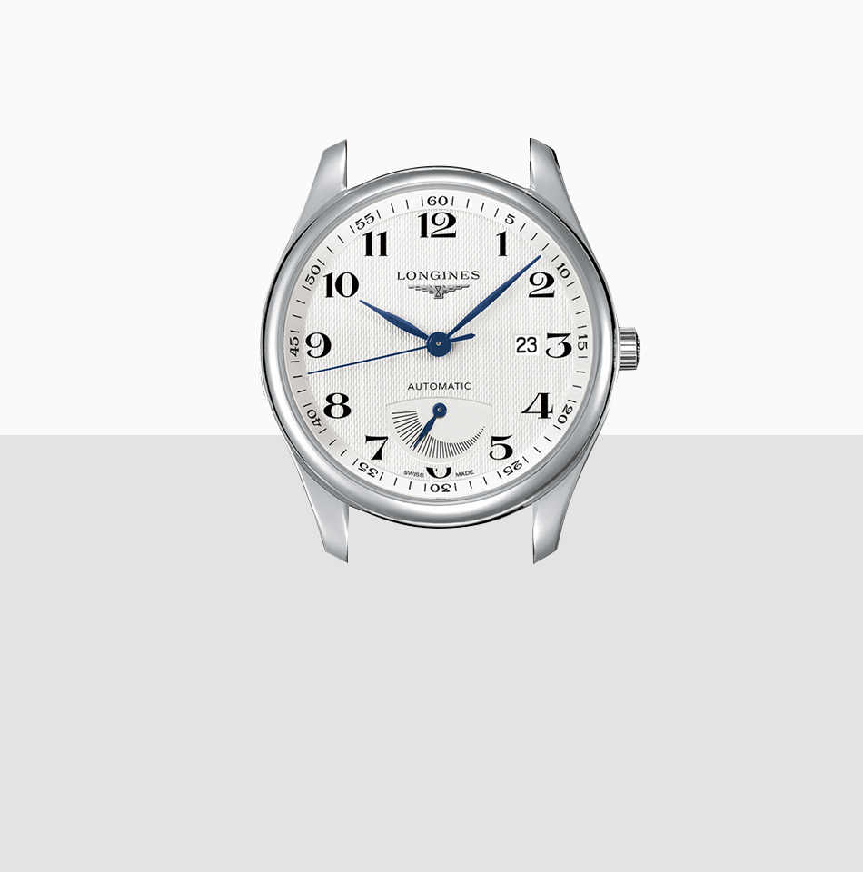 LONGINES © 2024 Eine silberne Armbanduhr mit weißem Zifferblatt mit schwarzen arabischen Ziffern und blauen Zeigern. Sie verfügt über eine Datumsanzeige auf der 3-Uhr-Position und das Longines-Logo unterhalb der 12-Uhr-Markierung. Exklusiv erhältlich bei Juwelier Morawitz in Düsseldorf.