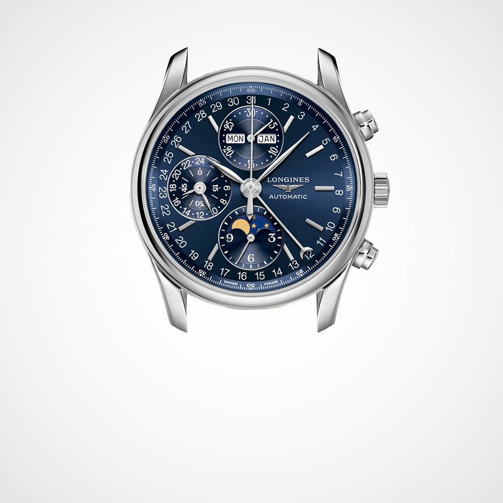 Juwelier-Morawitz-Uhrenlexikon-jahreskalender Eine Nahaufnahme einer anspruchsvollen Armbanduhr von Juwelier Morawitz, Düsseldorf, mit einem tiefblauen Zifferblatt. Sie verfügt über mehrere Hilfszifferblätter, darunter eine Mondphasenanzeige, Tages- und Datumsfenster sowie eine 24-Stunden-Zeitanzeige. Das polierte Edelstahlgehäuse wird durch drei seitliche Druckknöpfe ergänzt.