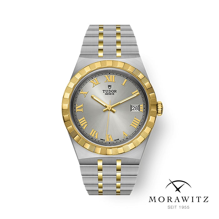 Eine Luxusarmbanduhr von Tudor wird in einem zweifarbigen Design aus Silber und Gold präsentiert. Das silberne Zifferblatt ist mit goldenen römischen Ziffern versehen und die Uhr verfügt über eine Datumsanzeige auf der 3-Uhr-Position. Unten rechts sind der Markenname „Morawitz“ und das Logo abgebildet.