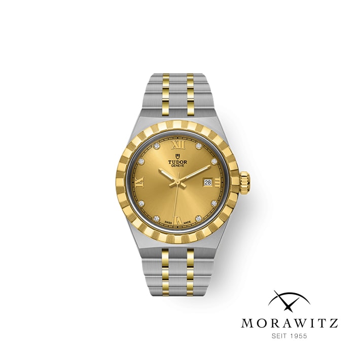 Eine luxuriöse Tudor-Uhr mit einem zweifarbigen Metallarmband in Gold und Silber. Das runde Zifferblatt ist aus Gold mit römischen Ziffern und Diamant-Stundenmarkierungen. Die Lünette ist aus Gold mit einem geriffelten Muster. Unten rechts befindet sich das Morawitz-Logo zusammen mit „SEIT 1955“.