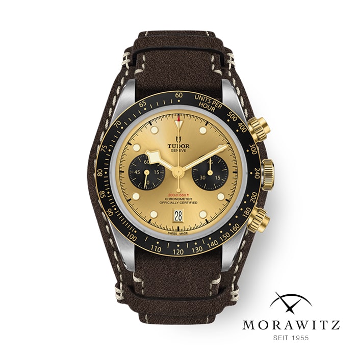 Eine luxuriöse Tudor-Uhr mit braunem Lederarmband und goldenem Zifferblatt. Die Uhr verfügt über schwarze Hilfszifferblätter, leuchtende Zeiger und Markierungen sowie eine Datumsanzeige bei 6 Uhr. Das Morawitz-Logo ist in der unteren rechten Ecke mit dem Text „Seit 1955“ abgebildet.