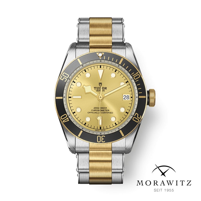Das Bild zeigt eine luxuriöse Tudor-Armbanduhr mit einem zweifarbigen Armband aus gebürstetem Edelstahl und goldenen Gliedern. Sie hat ein goldenes Zifferblatt mit schwarzer Lünette, auf dem das Markenlogo zu sehen ist, und ein Datumsfenster auf der 3-Uhr-Position. Das Morawitz-Logo befindet sich in der Ecke.