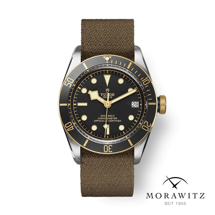 Eine stilvolle Armbanduhr mit braunem Lederarmband und schwarzem Zifferblatt. Sie hat eine goldfarbene Lünette mit Minutenmarkierungen, leuchtenden Zeigern und Indizes. Die Uhr verfügt über ein Datumsfenster auf der 3-Uhr-Position. Unten rechts sind das Wort „MORAWITZ“ und das Logo vorhanden.