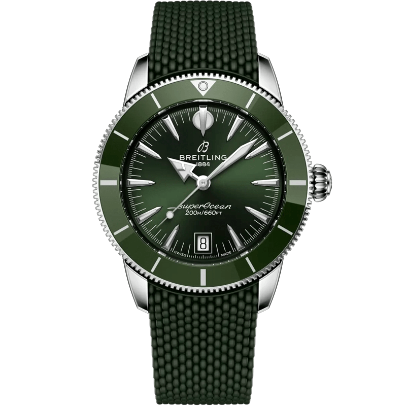 Juwelier-Morawitz-Breitling-Superocean-Heritage-ab3110361l1s1 Eine grüne Breitling Superocean Heritage Uhr mit grünem Kautschukarmband, silberner Lünette und Datumsanzeige bei 6 Uhr, mit weißen Markierungen und Zeigern auf einem grünen Zifferblatt.