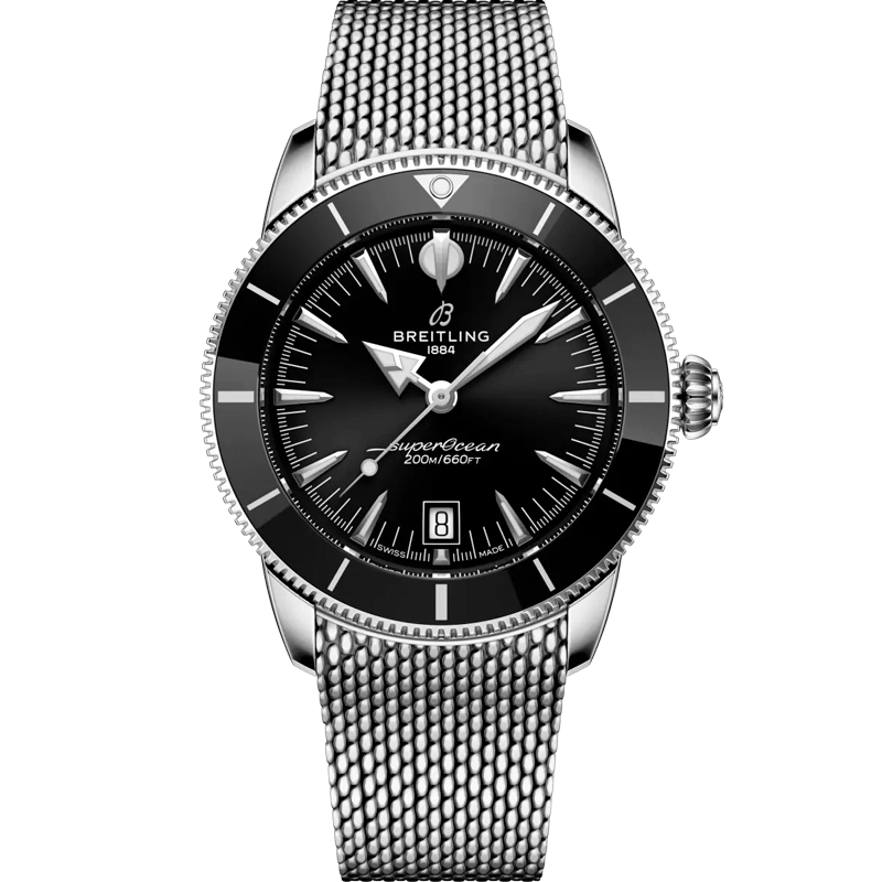 Juwelier-Morawitz-Breitling-Superocean-Heritage-ab3111241b1a1 Eine Edelstahl Breitling Superocean Heritage Uhr mit einem schwarzen Zifferblatt, Leuchtzeiger und -markierungen, Datumsanzeige bei 6 Uhr, und ein Mesh-Metallarmband. Auf dem Zifferblatt steht "Breitling 1884 SuperOcean 200m/660ft.