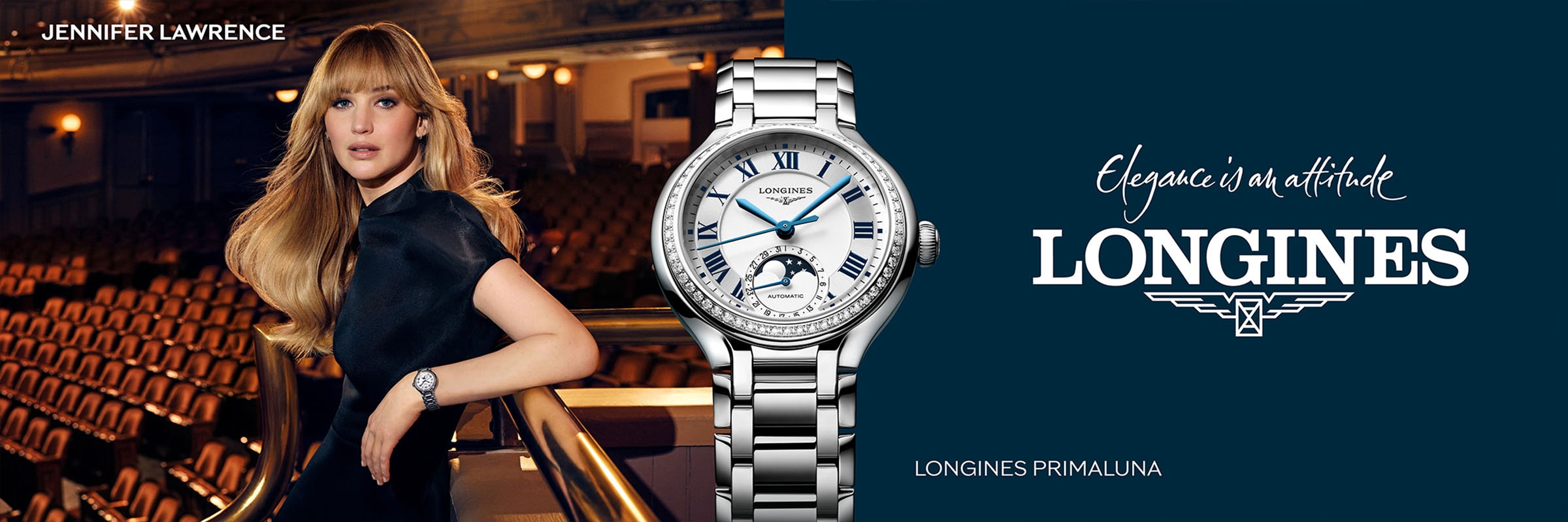 Jennifer Lawrence präsentiert die neue LONGINES PrimaLuna Kollektion. Ein silberfarbenes Zifferblatt, 58 Diamanten und feinste Mechanik – wenn Eleganz auf Präzision trifft, mit einer Gangreserve von bis zu 72 Stunden.