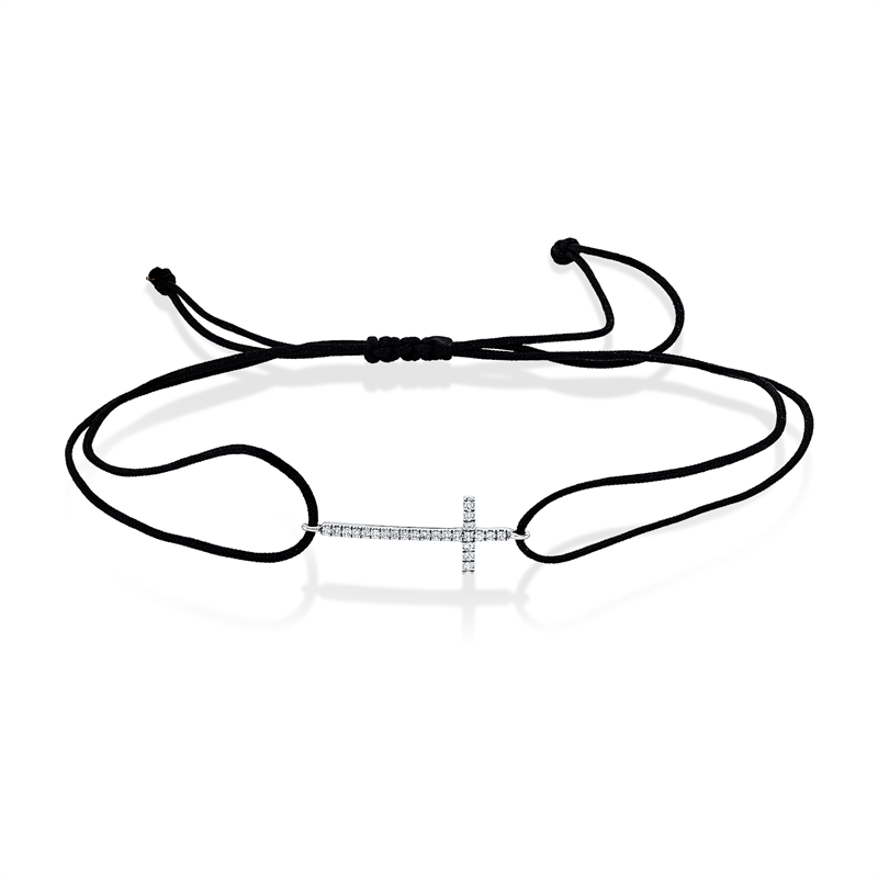 Armband 14 kt WG Kreuz, schwarzes Band