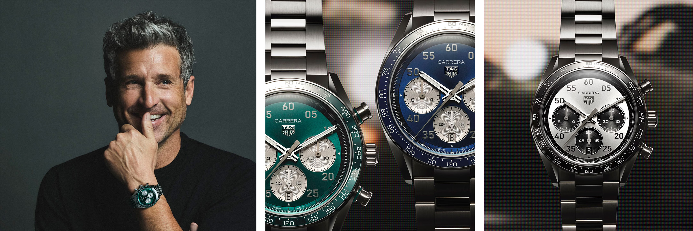 Ein Mann lächelt, während er eine TAG Heuer Carrera-Uhr trägt; zwei Nahaufnahmen zeigen TAG Heuer Carrera-Chronographen in den Farbvarianten Grün, Blau und Schwarz.